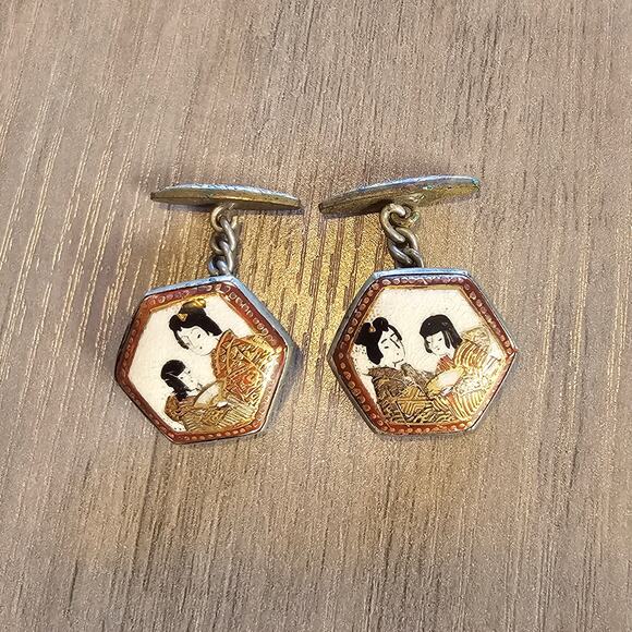 Vintage Japanese Geisha Chain Style Cufflinks - Picture 1 of 8